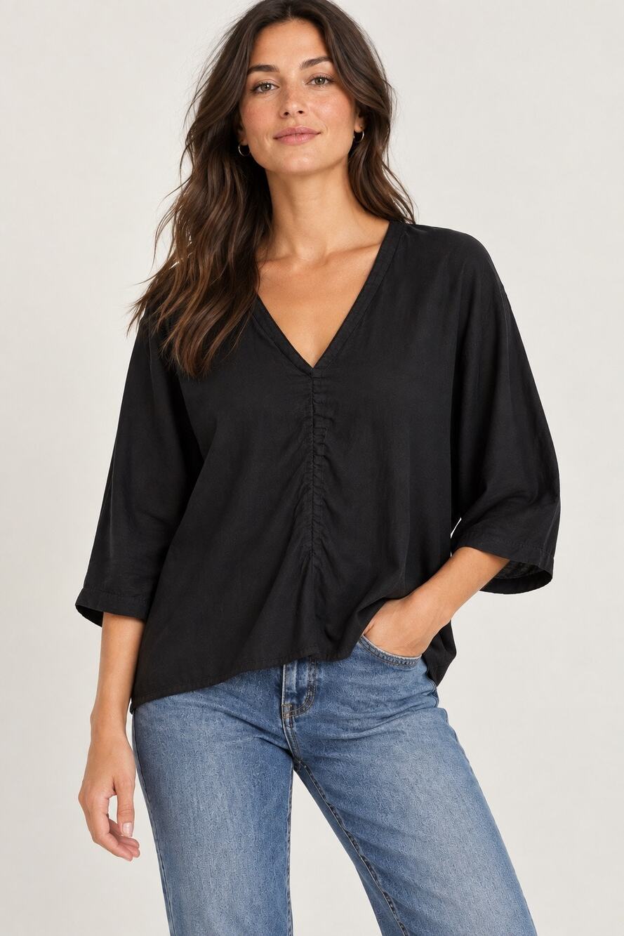 First Rite V-Neck Dolman Sleeve Boxy Top Black One Size
